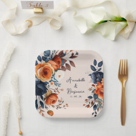 Plato De Papel Naranja Rústico Quemado y Boda Azul