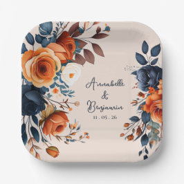 Plato De Papel Naranja Rústico Quemado y Boda Azul