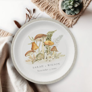 Plato De Papel Naranja Rústico Rust Mushroom Fern Foliage Boda