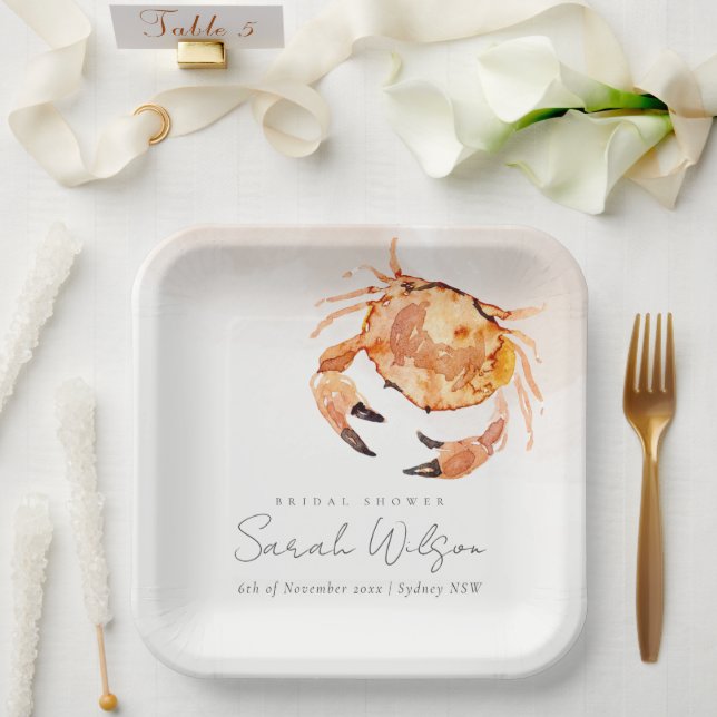 Plato De Papel Naranja Sand Coastal Crab Nautical Bridal Shower (Boda)