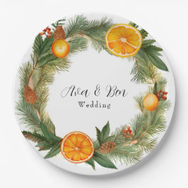 Plato De Papel Naranja Slice Green Pine Needles Boda