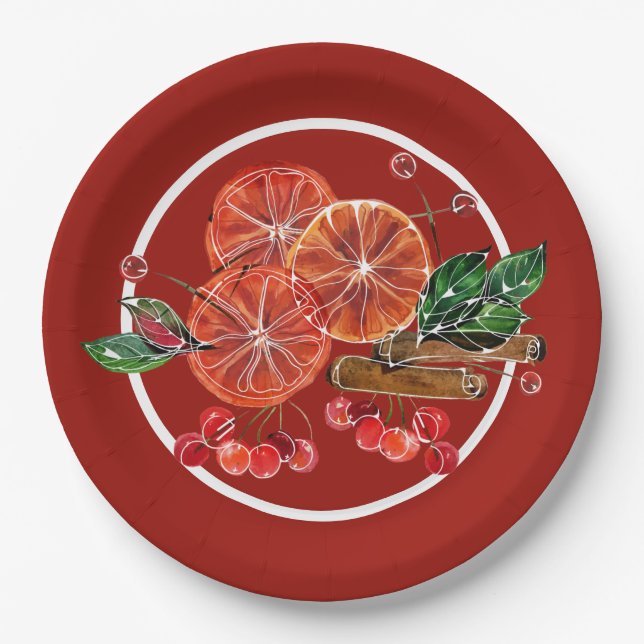 Plato De Papel Naranja Slices Cinnamon Sticks Berries Otoño (Anverso)