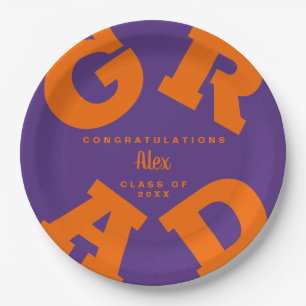Plato De Papel Naranja sobre graduación morada personalizada