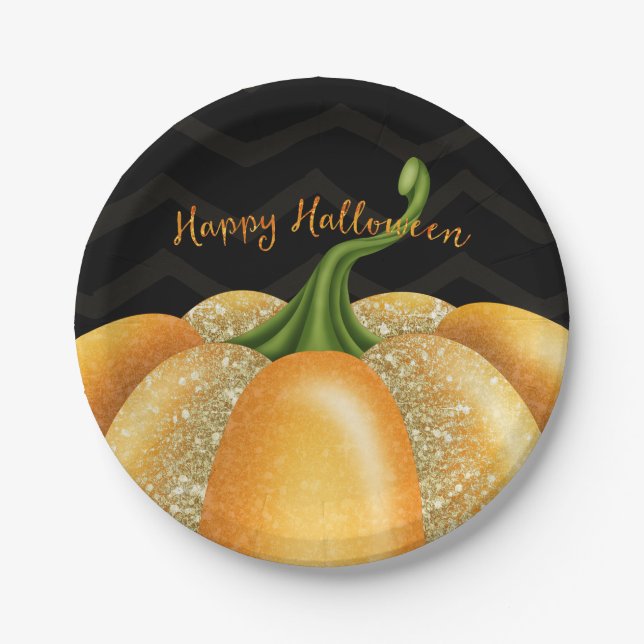 Plato De Papel Naranja Sparkle Pumpkin Halloween Fiesta de cumple (Anverso)