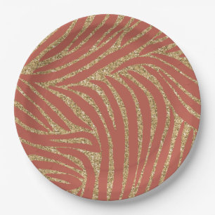 Plato De Papel Naranja Spice Gold Purpurina Zebra Cumpleaños