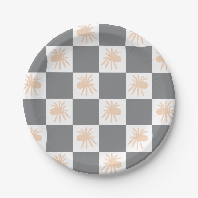 Plato De Papel Naranja Spider Tarantula Charcoal Checkerboard (Anverso)