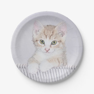 Plato De Papel Naranja Tabby Kitten Pintura - Arte Gato Original