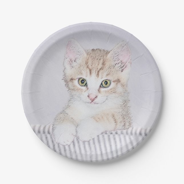 Plato De Papel Naranja Tabby Kitten Pintura - Arte Gato Original (Anverso)