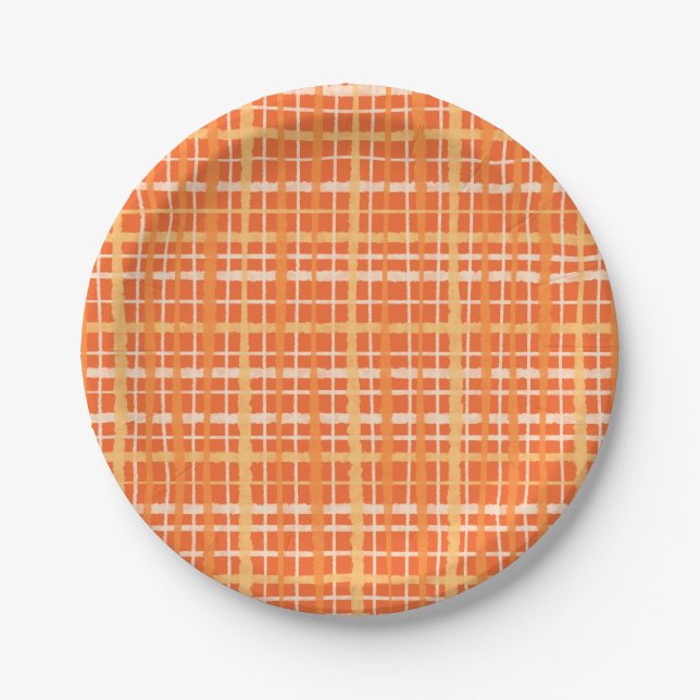 Plato De Papel Naranja Tejido Retro Picnic Plaid Pattern Tangerin (Anverso)