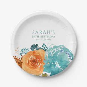 Plato De Papel Naranja Terracota Boho Otoño Floral Verde Azulado