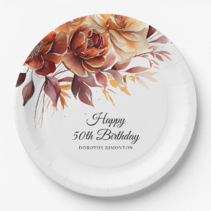 Plato De Papel Naranja Terracotta Flores de otoño 50 cumpleaños