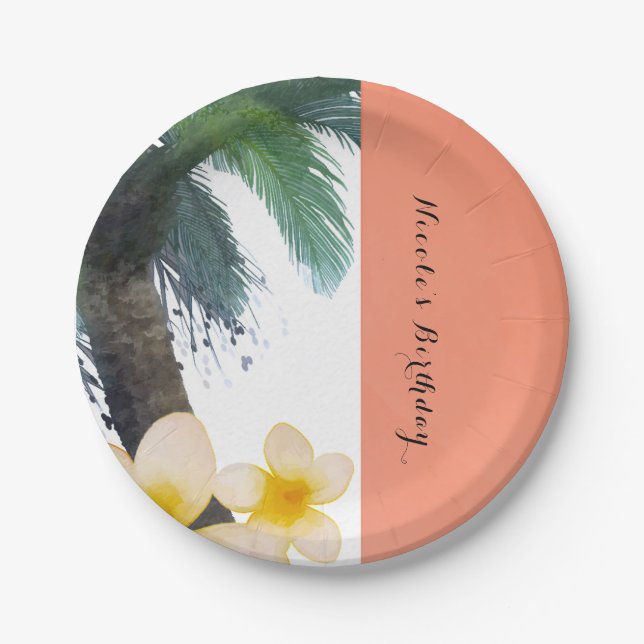 Plato De Papel Naranja Tropical Palm Tree & Plumeria Fiesta de ve (Anverso)