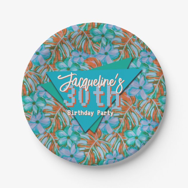 Plato De Papel Naranja Tropical y Cumpleaños Floral Azul (Anverso)