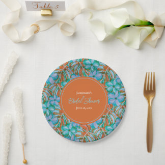 Plato De Papel Naranja tropical y ducha azul floral de novia