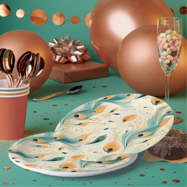 Plato De Papel Naranja Verde azulado de bonito Cream Peacock (Multi)