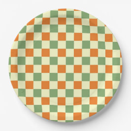 Plato De Papel Naranja Verde Brown Checkered Gingham Pattern