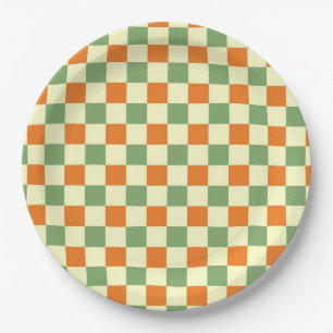 Plato De Papel Naranja Verde Brown Checkered Gingham Pattern