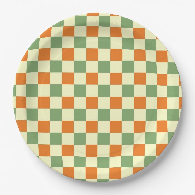 Plato De Papel Naranja Verde Brown Checkered Gingham Pattern (Anverso)