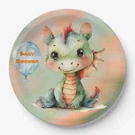 Plato De Papel Naranja verde lindo Dragon Boy Baby Shower