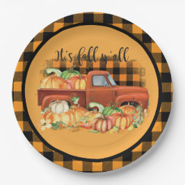 Plato De Papel Naranja Vintage Truck Fall Pumpkins Buffalo Check 