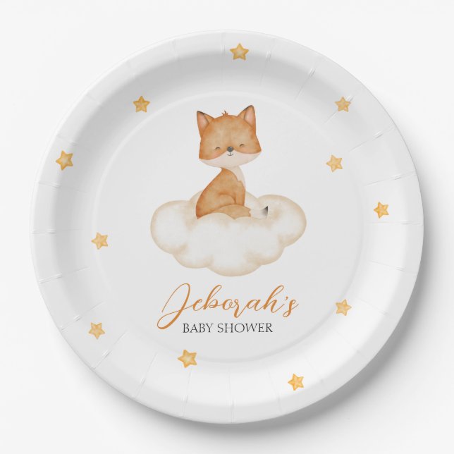Plato De Papel Naranja Whimsical Fox Baby Shower (Anverso)