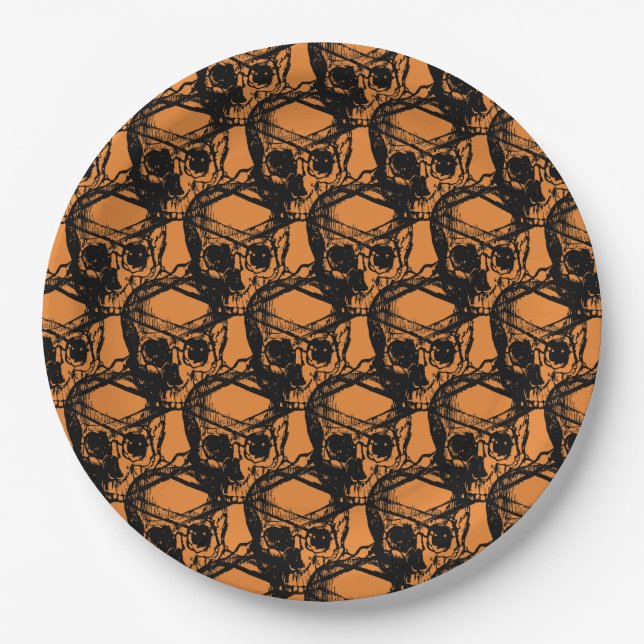 Plato De Papel Naranja y Black Guay Spooky Skull Halloween (Anverso)