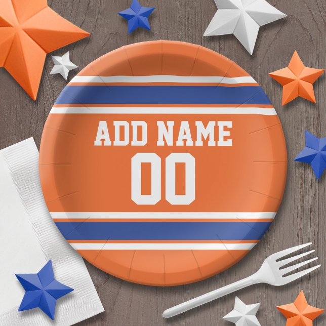 Plato De Papel Naranja y Blue Birday Sports Jersey (Personalized party plates - sports theme for birthday or any occasion)
