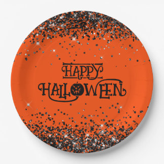 Plato De Papel Naranja y Purpurina negro Feliz Halloween