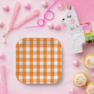 Plato De Papel Naranja y White Gingham Checkered Halloween