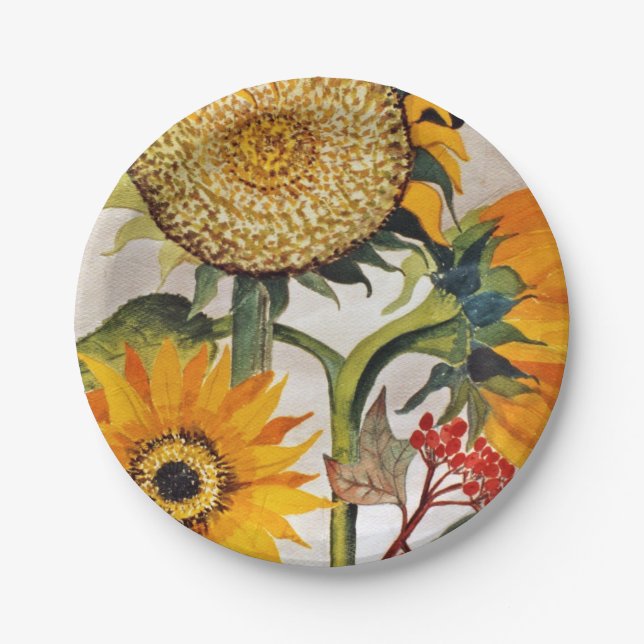 Plato De Papel Naranja Yellow Seeding Sunflower Art (Anverso)