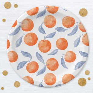Plato De Papel Naranjas cítricas acuarela Mediterráneo
