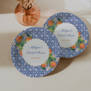 Plato De Papel Naranjas Clásico Azul Blanco Positano Boda Ducha