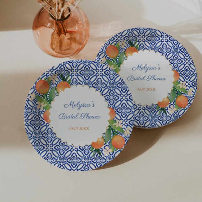 Plato De Papel Naranjas Clásico Azul Blanco Positano Despedida de (Classic oranges with blue white tile print for positano portofino bridal shower)
