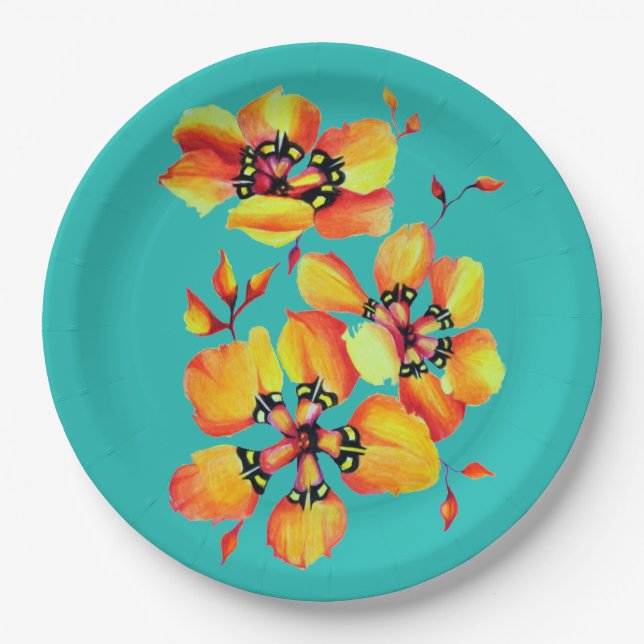 Plato De Papel Naranjas elegantes Flores - Aqua - Personalizar tu (Anverso)
