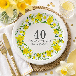 Plato De Papel Narciso Amarillo Elegante Floral 40 Cumpleaños
