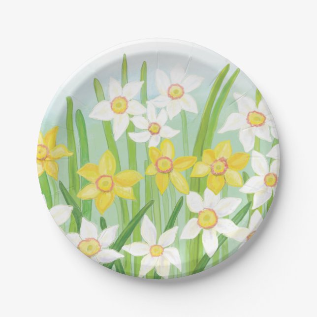Plato De Papel Narcisos amarillos y blancos de primavera (Anverso)
