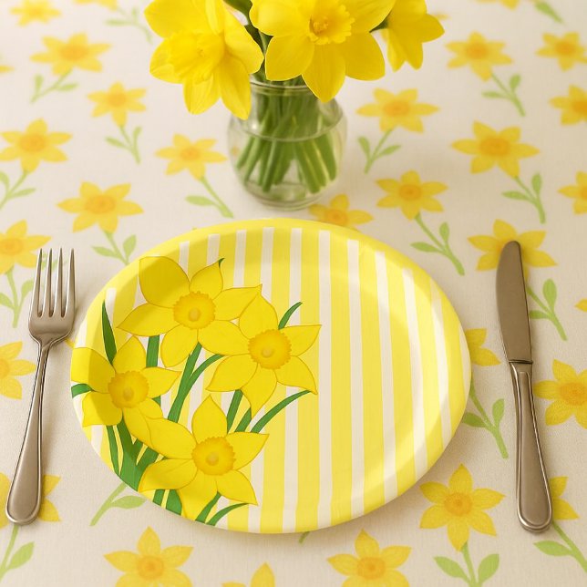 Plato De Papel Narcisos de estilo primaveral con rayas amarillas (cheerful yellow daffodils paper plate for spring gatherings and Easter brunch )