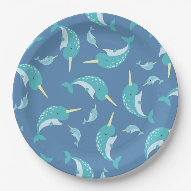 Plato De Papel Narwhal Baby Shower Blue Boy Whale (Anverso)