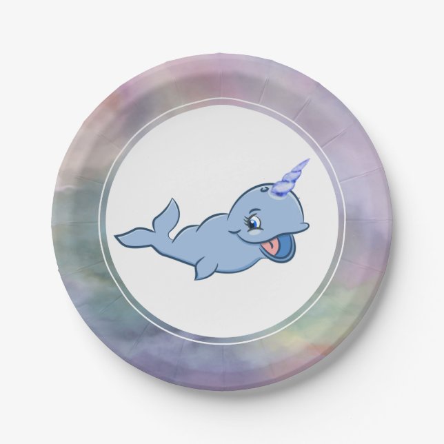 Plato De Papel Narwhal Blue | Bebé Adorable Kawaii Ocean Shower (Anverso)