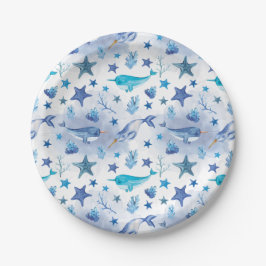 Plato De Papel Narwhal Under the Sea Baby Shower Plates