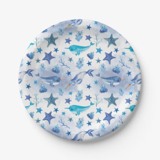 Plato De Papel Narwhal Under the Sea Baby Shower Plates