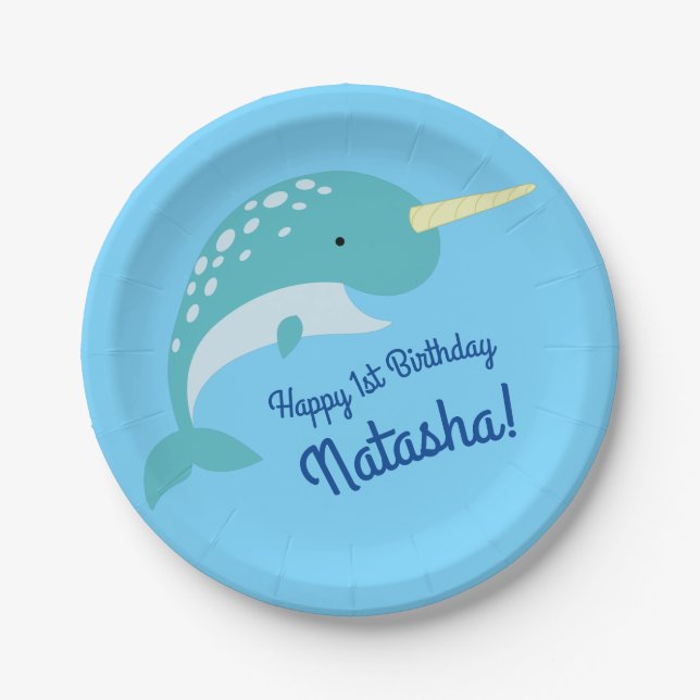 Plato De Papel Narwhals Ocean Cute Primer Fiesta de cumpleaños te (Anverso)