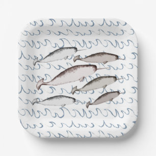Plato De Papel Narwhals Swim Olas Dibujo Patrón Ballena Blanco