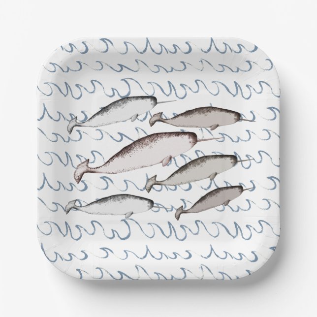 Plato De Papel Narwhals Swim Olas Dibujo Patrón Ballena Blanco (Anverso)