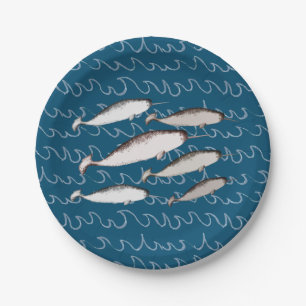 Plato De Papel Narwhals Swim Waves Dibujo Patrón Ballena Azul