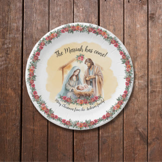 Plato De Papel Natividad acuarela y personalizable de rosas