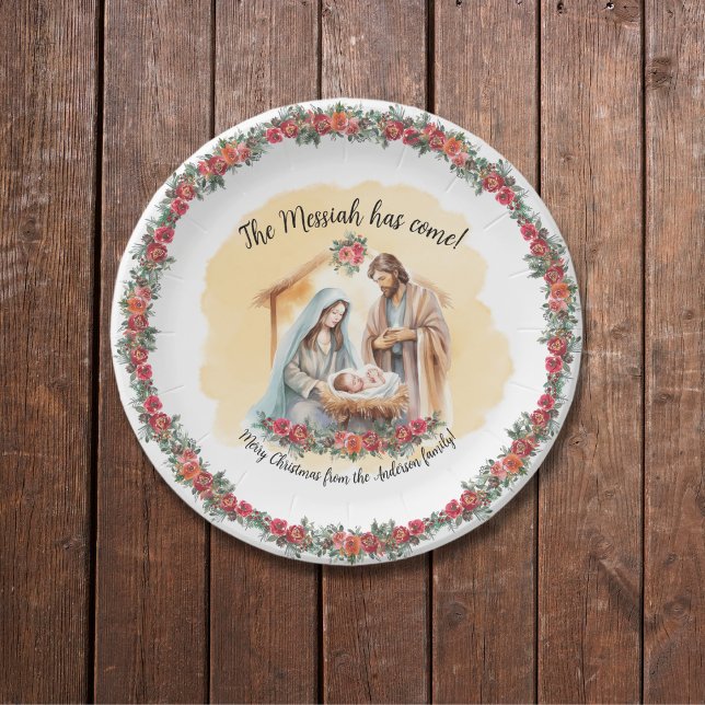 Plato De Papel Natividad acuarela y personalizable de rosas (Subido por el creador)
