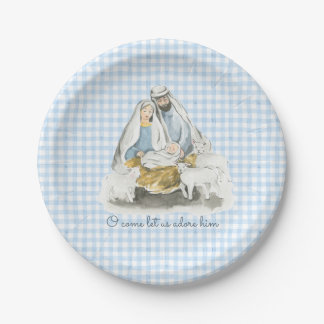 Plato De Papel Nativity, Manger Scene, Gingham Blue