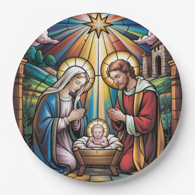 Plato De Papel Nativity Stained Glass Art – Holy Family Christmas (Anverso)