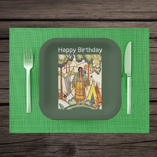 Plato De Papel Nativo de la mujer india de Estados Unidos occiden (Native American woman in woods tepee embroidered texture on dark green paper party plates.)